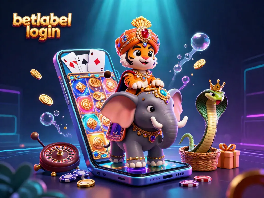 Engage with betlabel login for a vibrant casino experience featuring a cartoon tiger and elephant amidst exciting gaming elements.