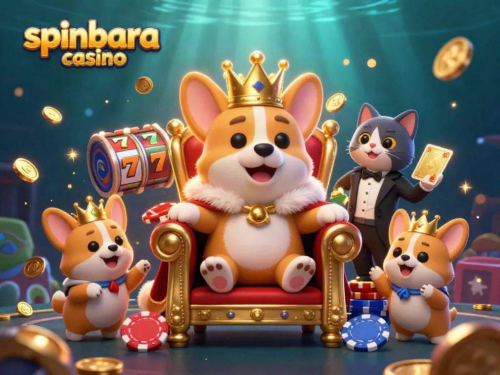 Spinbara Casino illustration with corgis, slots, and gold elements creating an engaging casino atmosphere.