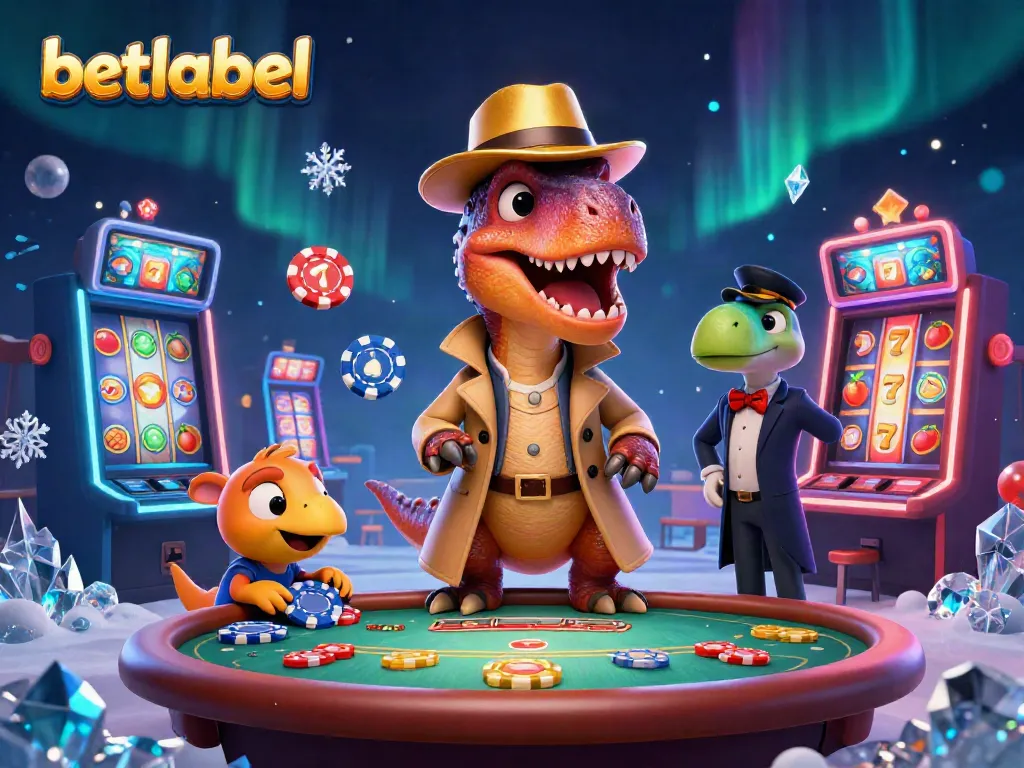 Engage with betlabel's vibrant casino atmosphere featuring a velociraptor card counter at a blackjack table.