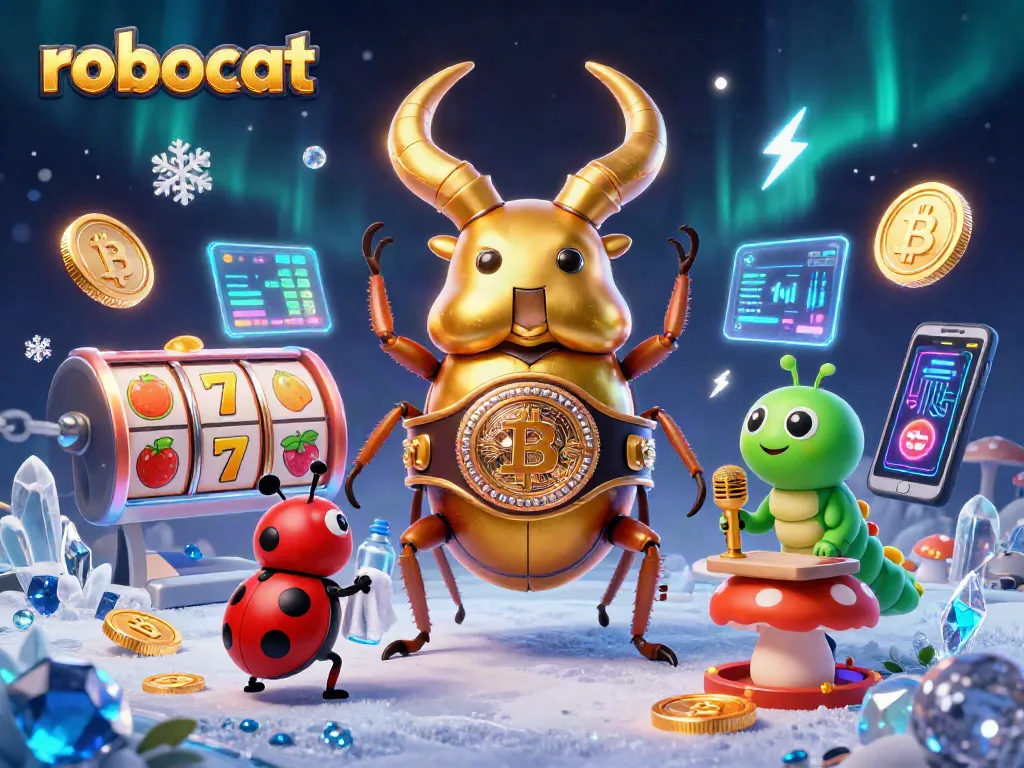 Spin and win at robocat, featuring a golden stag beetle battling with slot games and crypto coins.